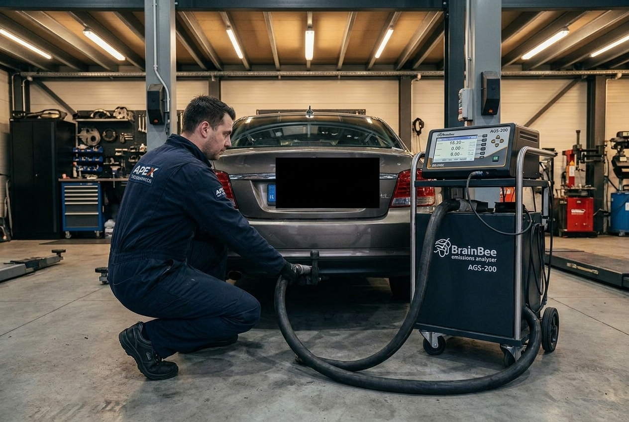 Měření emisí — technik zasouvá sondu do výfuku